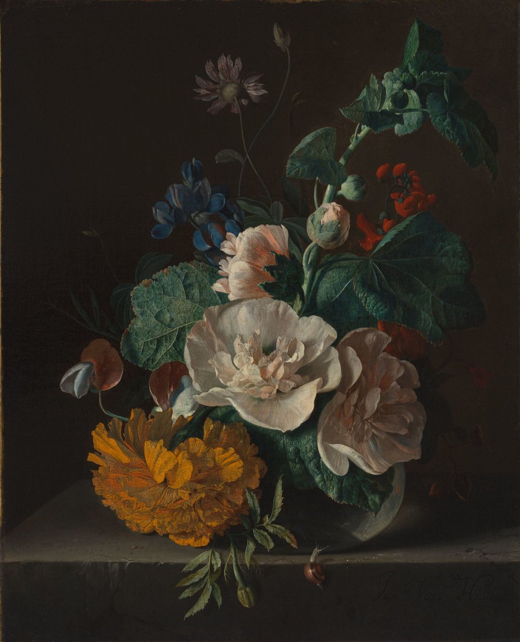 Blumenstillleben mit Stockrose und Ringelblume von Jan van Huysum