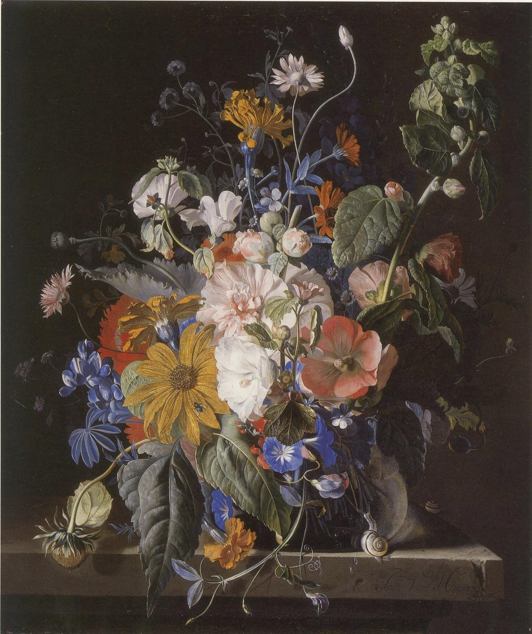Blumenstillleben und Schnecken auf einem Steinsims von Jan van Huysum