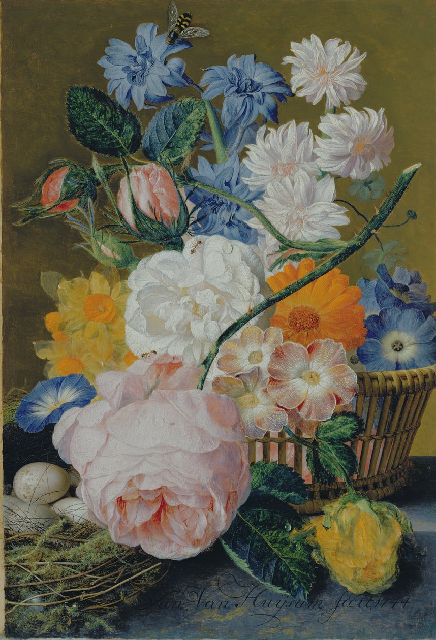 Rosen, Winde, Narzissen, Astern und andere Blumen in einem Korb, mit Eiern in einem Nest auf einer Marmorkante, 1744 von Jan van Huysum