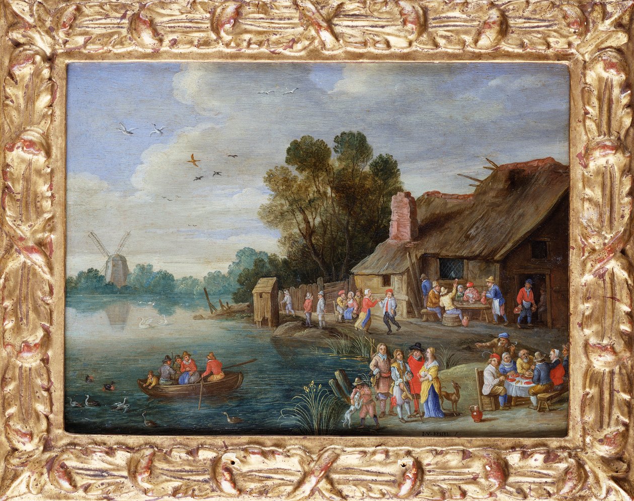 Eine Flusslandschaft mit Edelleuten an einem Dorfgasthaus von Jan van Kessel