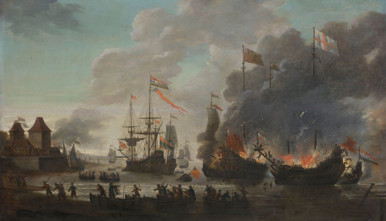 Die Niederländer verbrennen englische Schiffe während des niederländischen Überfalls auf die Medway, 20. Juni 1667 von Jan van Leyden