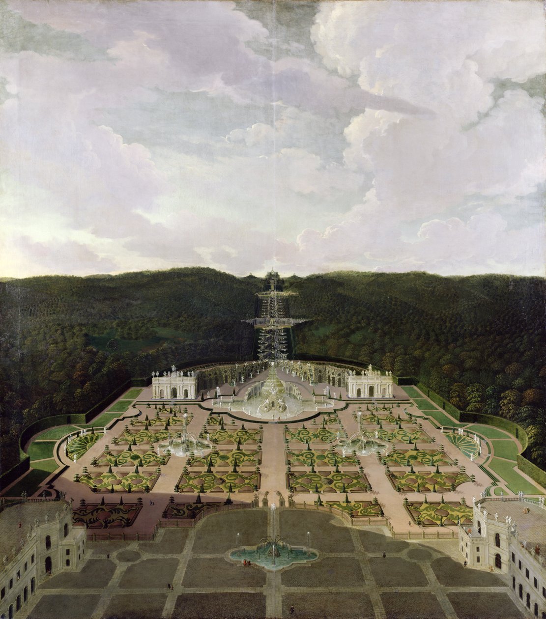 Blick vom Garten und der Grotte am Fuße der Wasserfälle zum Oktogon, nach 1716 von Jan van Nickelen