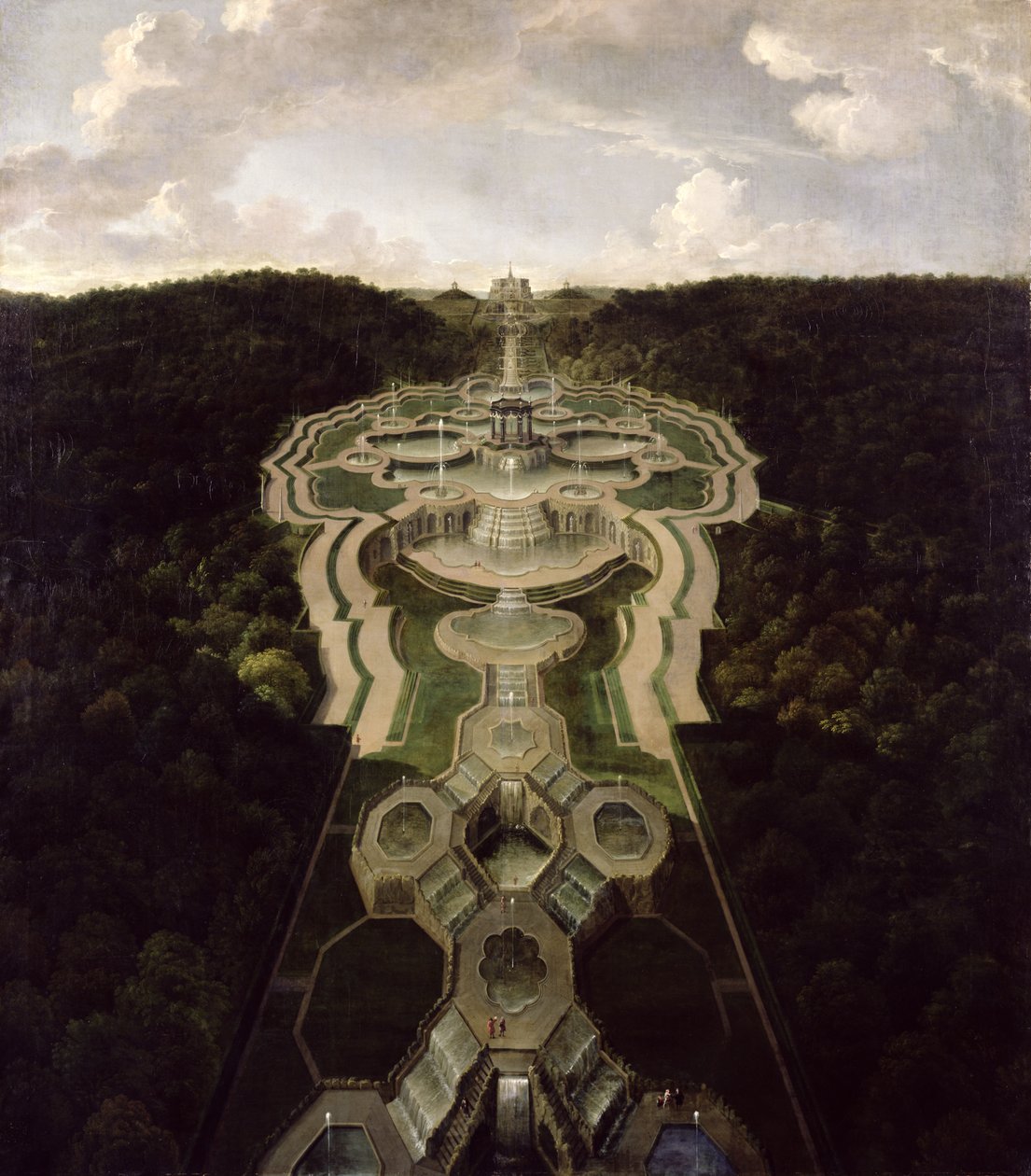 Blick über die Große Plaza mit Tempel zu Beginn des zweiten Drittels der Wasserfälle zum Oktogon, nach 1716 von Jan van Nickelen