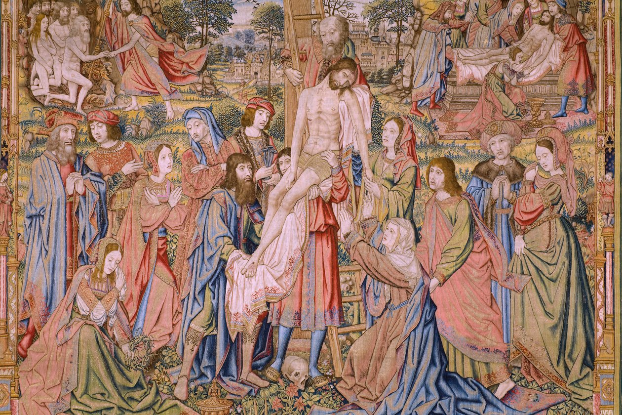 Flämischer Wandteppich. Serie Die Passion Christi: Abnahme vom Kreuz. Herstellung Pieter van Aelst. Kartonist Jan van Roome. Ca. 1507-1520. (Detail) von Jan van Roome