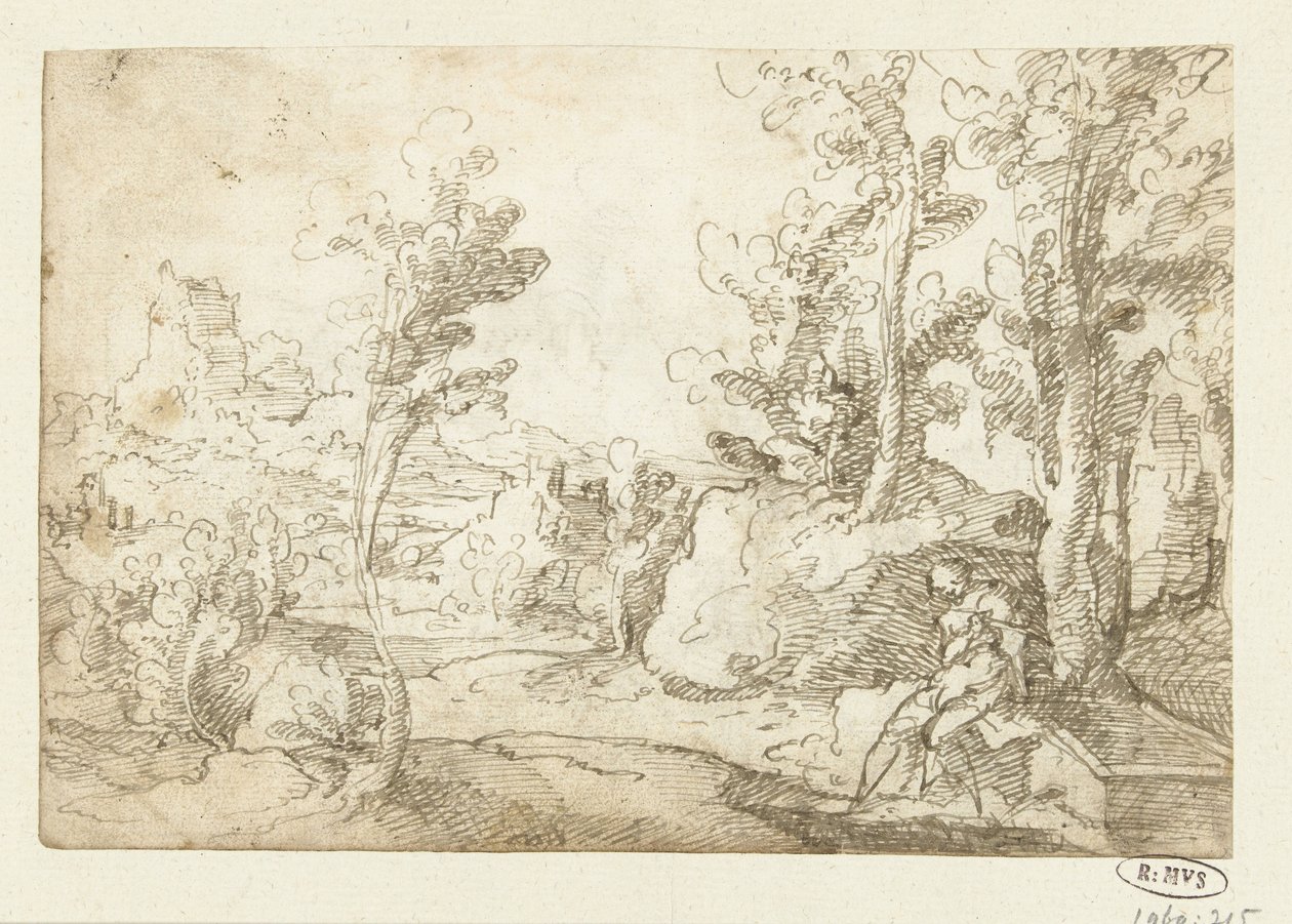 Landschaft mit einer Figur, die an einem Brunnen sitzt von Jan van Scorel (attributed to)