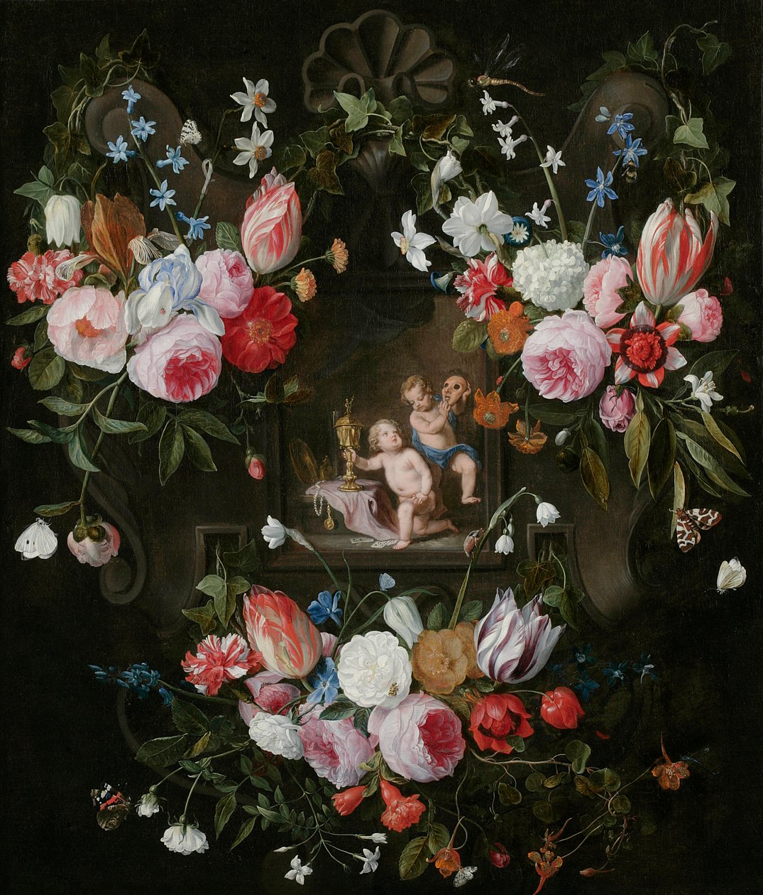 Ein Kartuschen-Stillleben von Blumen um ein allegorisches Bild von Putti mit kostbaren Objekten und einer Maske, 1648 von Jan van and Balen, Hendrik van Kessel