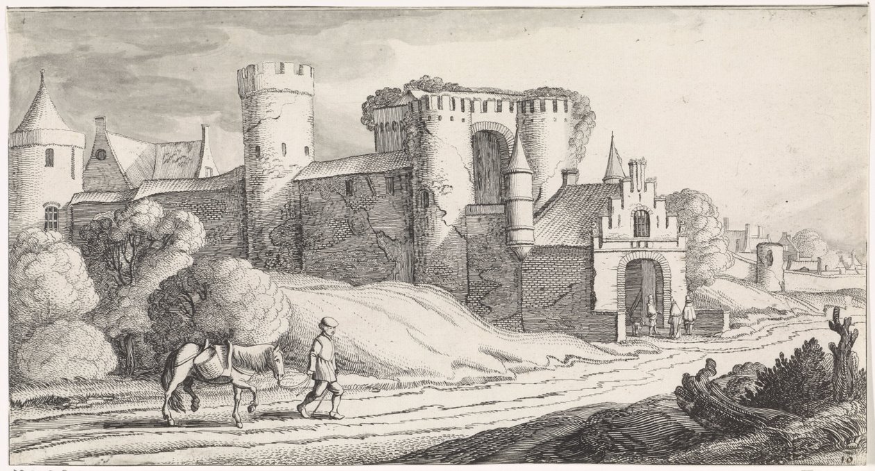 Bauer mit einem Pferd auf einem Weg entlang eines Schlosses von Jan van de Velde (II)