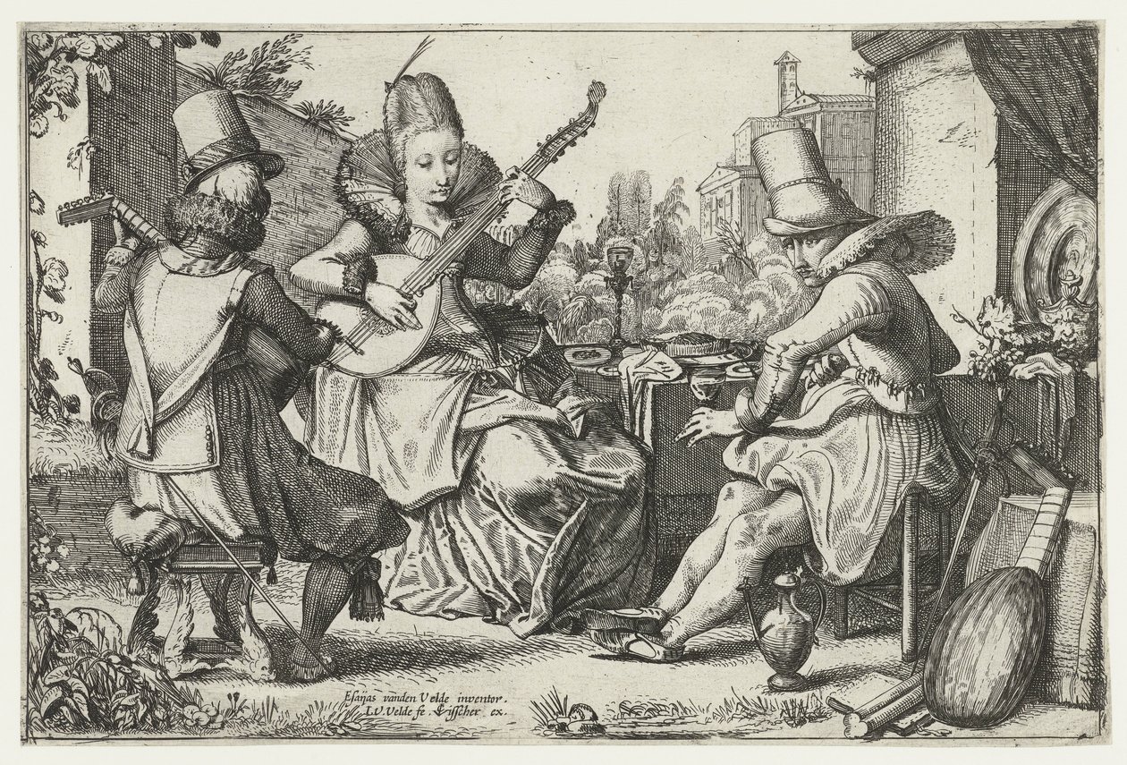 Elegante Gesellschaft, musizierend in einem Garten von Jan van de Velde (II)