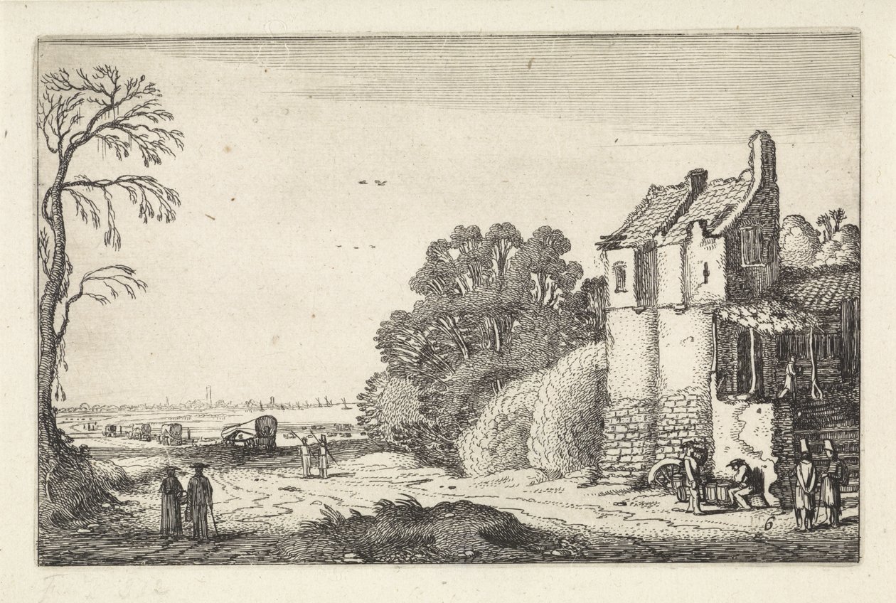Figuren bei einem Haus und Planwagen auf einem Landweg von Jan van de Velde (II)