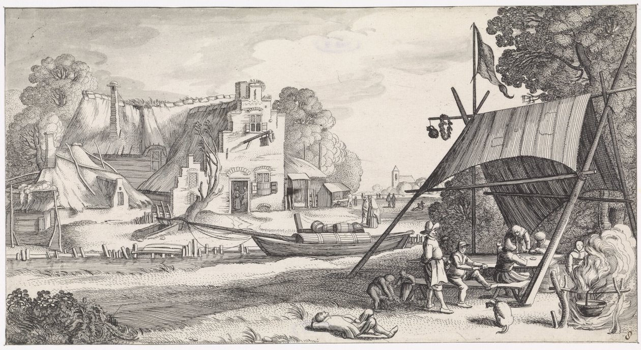 Figuren unter einem Zelt bei einem Gasthaus (Playsante lantschappen ende vermakelycke gesichten) von Jan van de Velde (II)