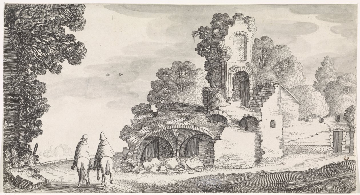 Landschaft mit Ruine und zwei Reitern von Jan van de Velde (II)