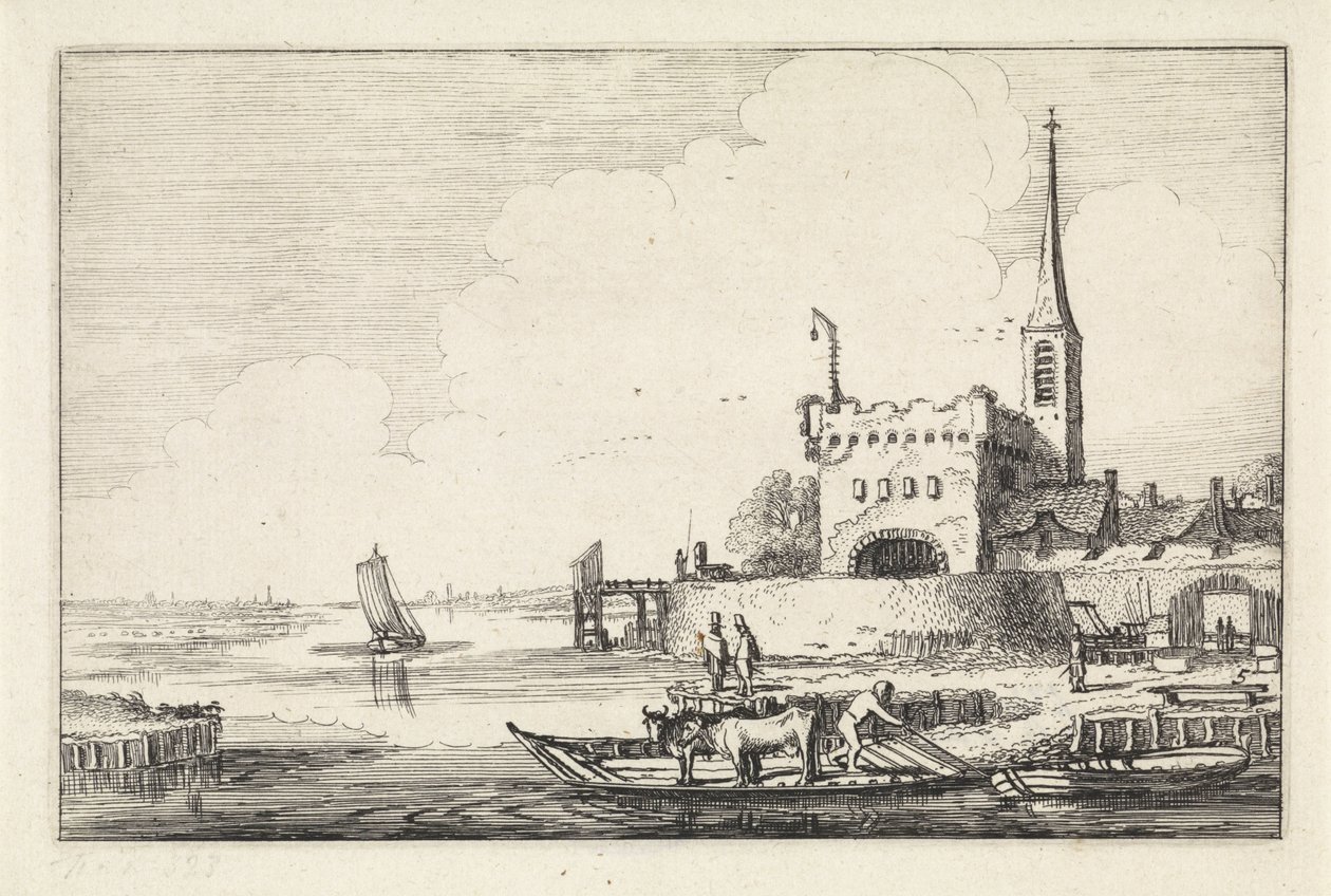 Fähre mit Vieh bei einer Festung in einer Flusslandschaft (Serientitel: Landschaften) von Jan van de Velde (II)