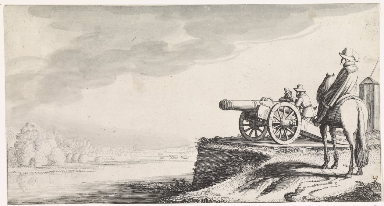 Reiter und zwei Soldaten bei einer Kanone am Flussufer von Jan van de Velde (II)