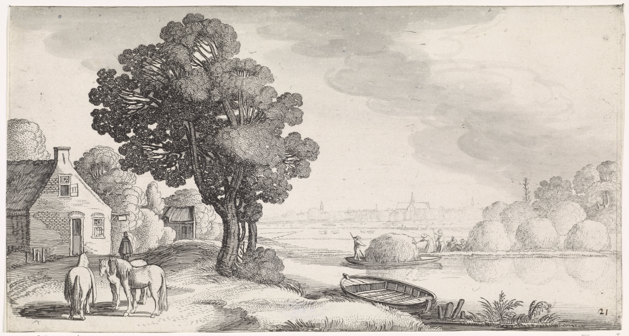 Heutransport auf einem Fluss mit Haarlem in der Ferne von Jan van de Velde (II)