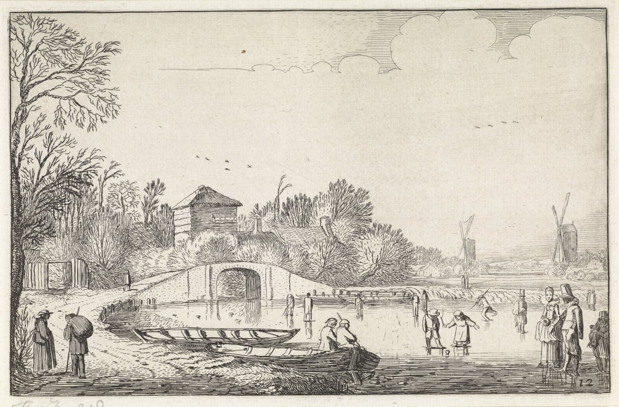Winterlandschaft mit Schlittschuhläufern bei einer Brücke von Jan van de Velde (II)