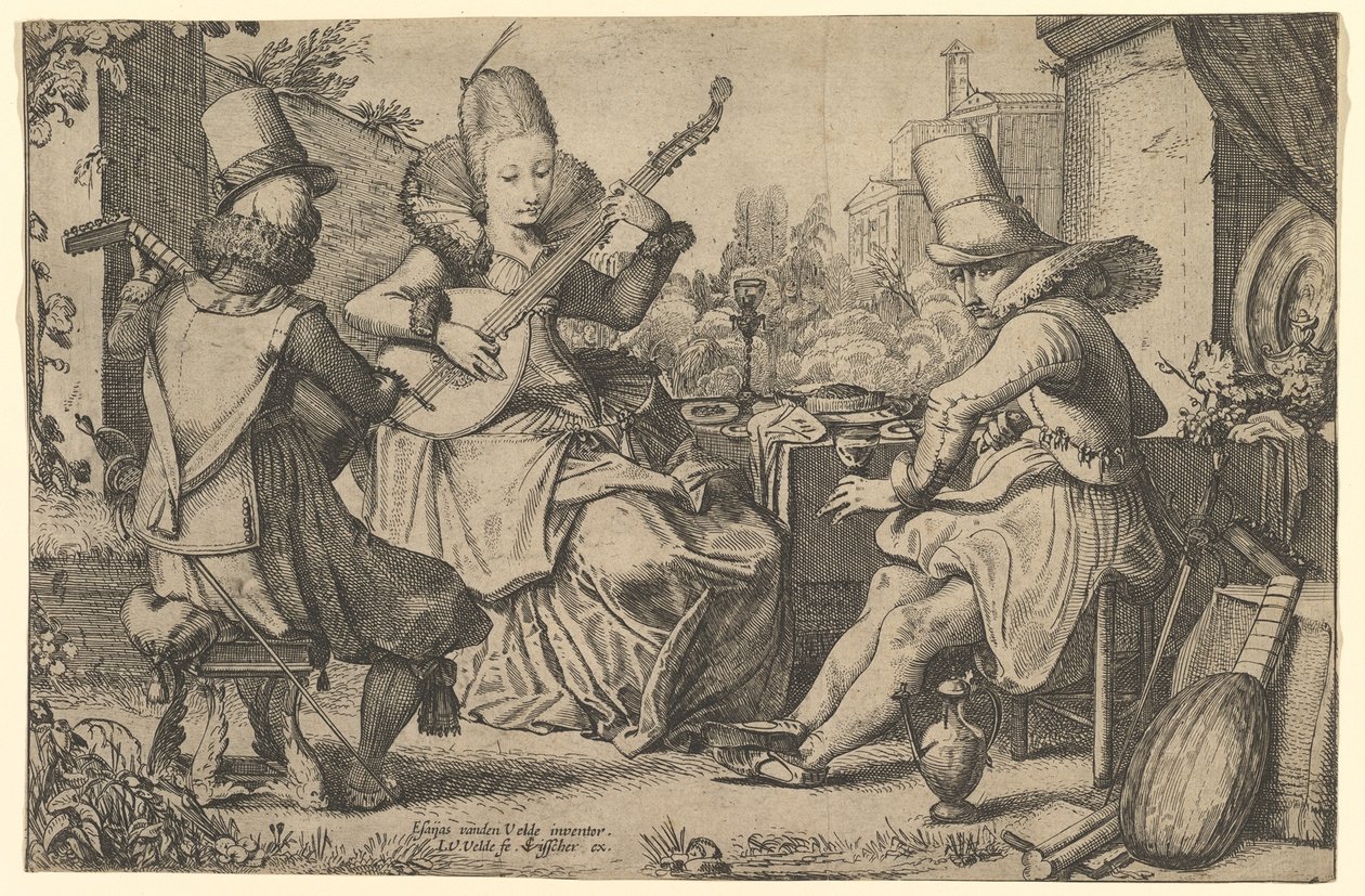 Zwei elegant gekleidete Männer und eine Frau in einem Garten von Jan van de Velde II