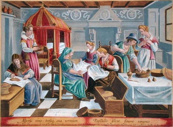 Frauen besprengen die Eier des Seidenspinners mit Wein und halten sie an ihrer Brust warm, Tafel 3 aus 