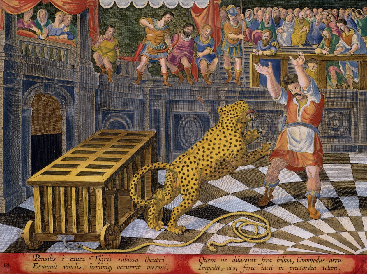 Der römische Kaiser Commodus schießt einen Pfeil, um einen Leoparden zu bezwingen, der aus seinem Käfig in der Arena entkommen ist, Tafel 14 aus 