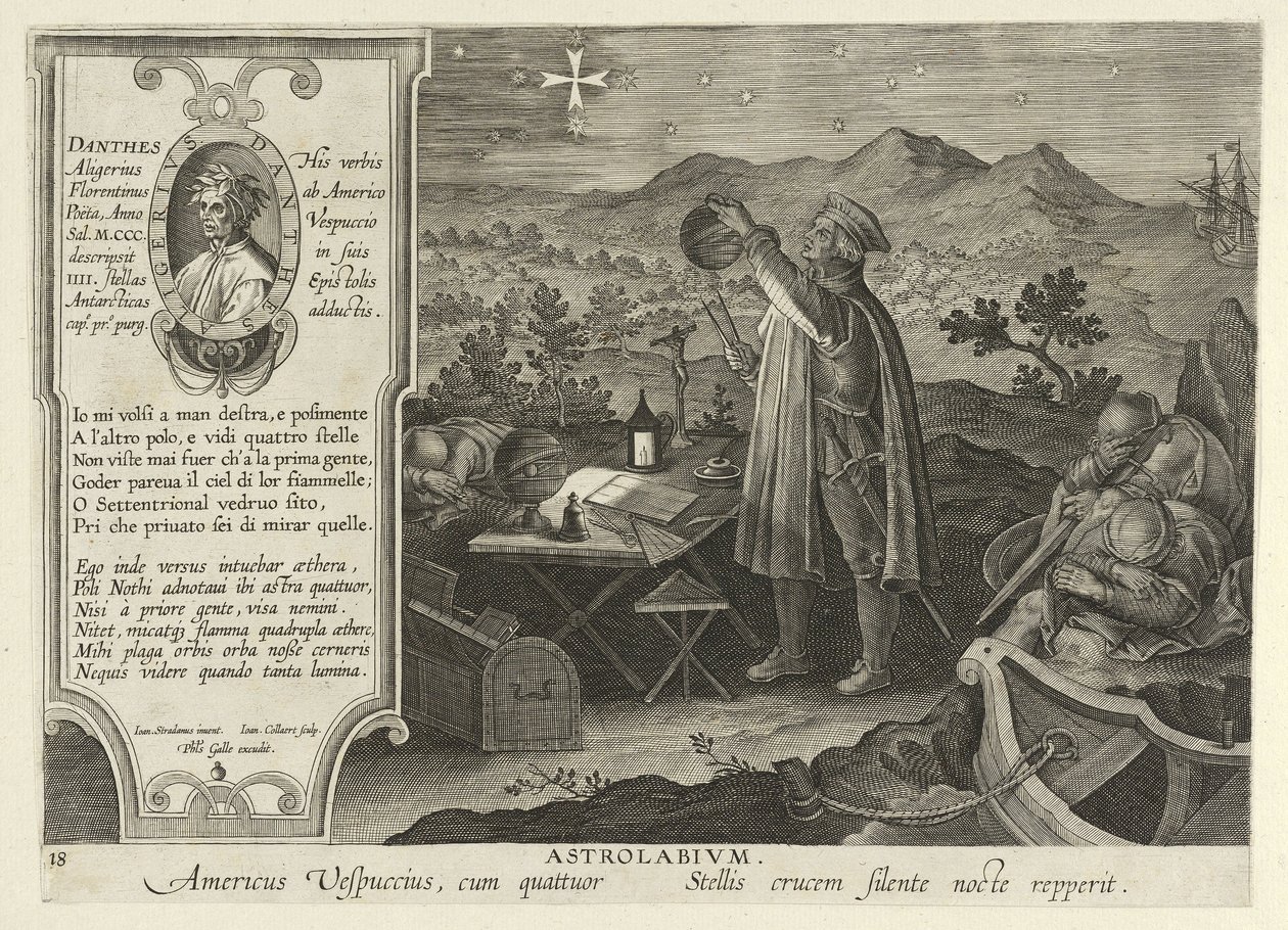 Amerigo Vespucci entdeckt das Kreuz des Südens mit einem Astrolabium, aus Nova Reperta, veröffentlicht 1600 von Jan van der Straet