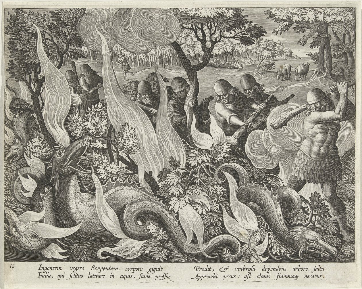 Schlangenfangen in Indien mit Keulen und Fackeln, um das Unterholz zu beleuchten, Tafel 44 aus Venationes Ferarum, Avium, Piscium (Über die Jagd: Wilde Tiere, Vögel, Fische) veröffentlicht 1640 von Jan van der 1523 1605 Straet