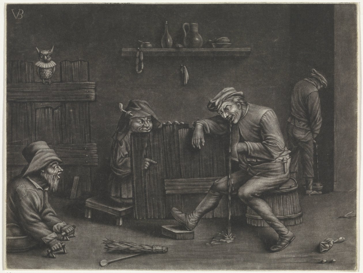 Interieur mit urinierendem Mann, erbrechendem Mann, einem Zwerg und einem Bettler von Jan van der Bruggen
