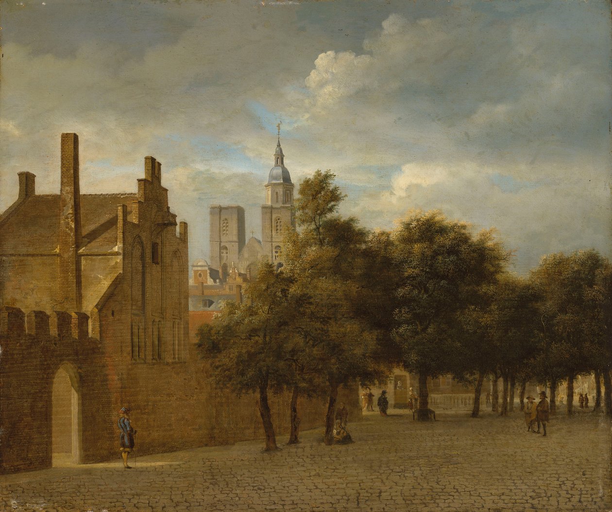 Stadtansicht mit promenierenden Figuren, eine Kirche dahinter von Jan van der Heyden