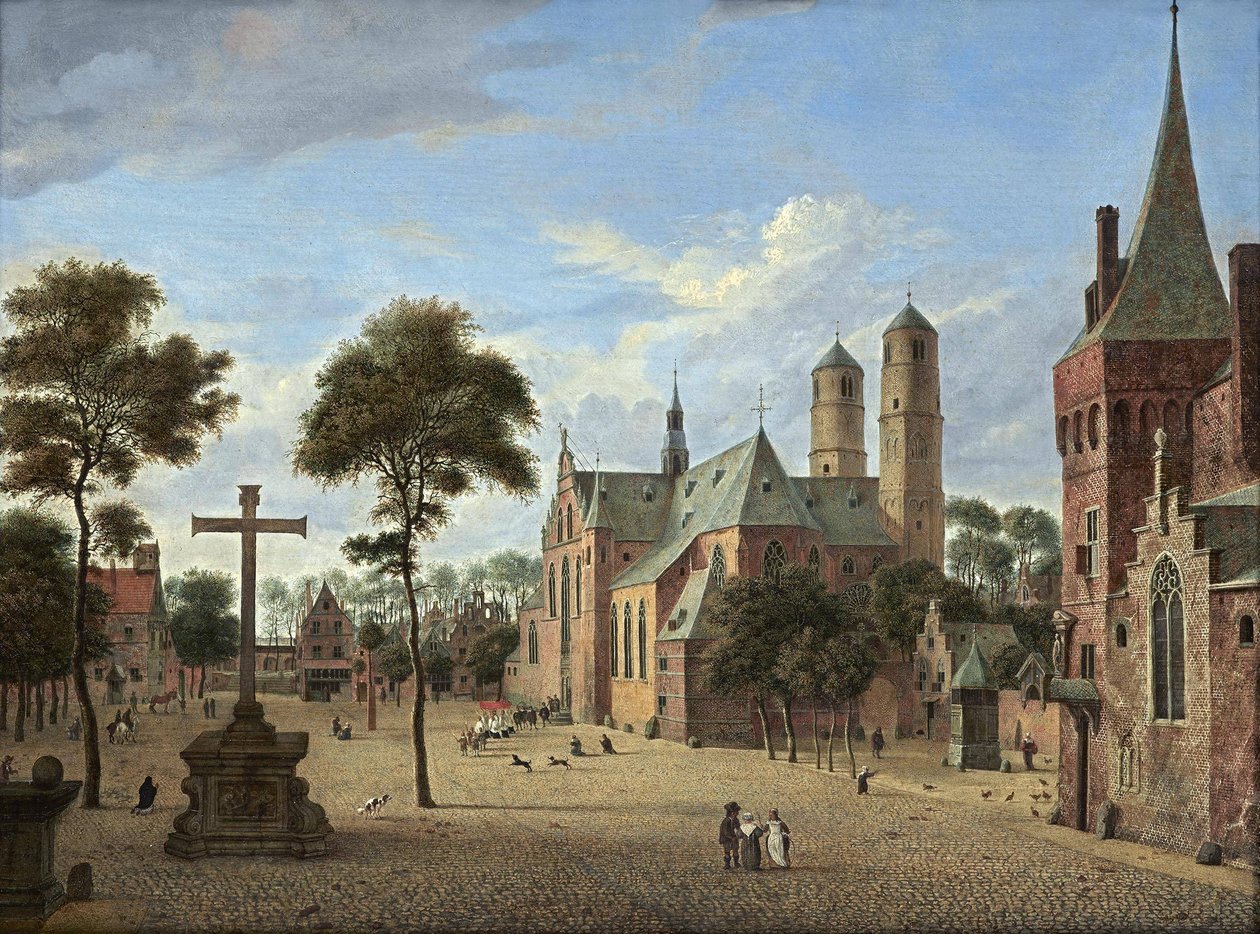 Ansicht von Köln mit den Türmen des St. Pantaleon und einer imaginären Version des Kirchenschiffs der Martinikerk in Emmerik von Jan van der Heyden