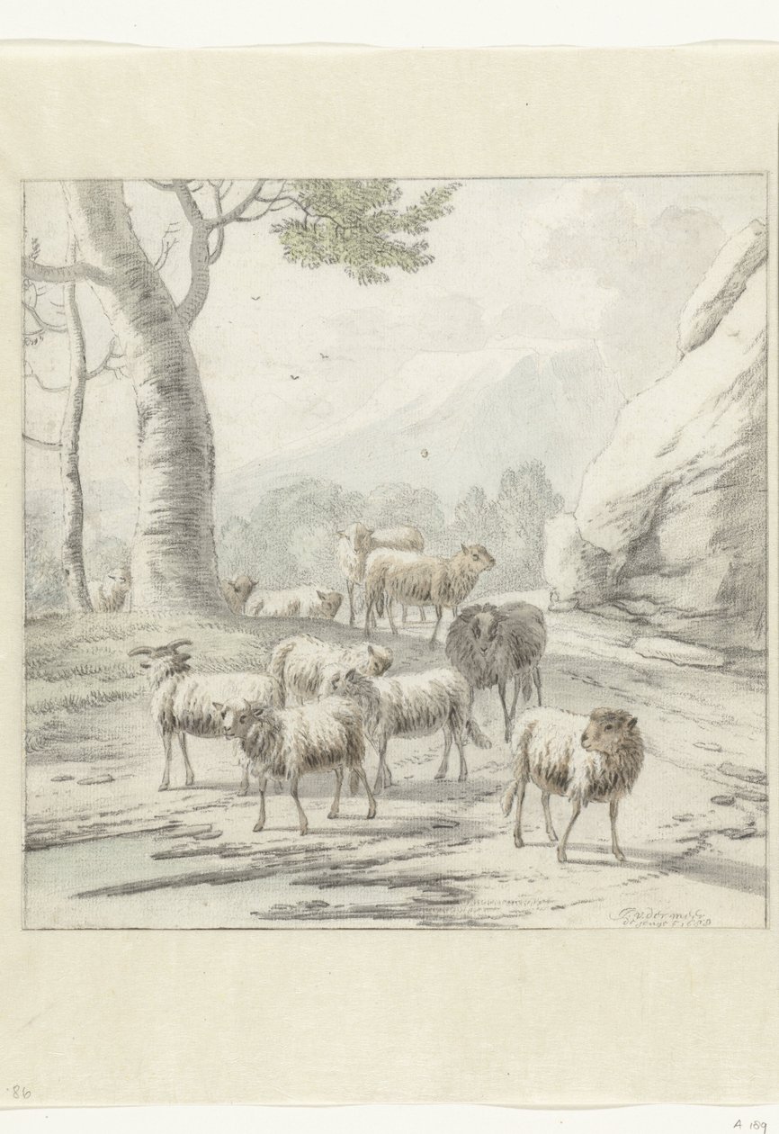 Landschaft mit einer Schafherde nahe einem Baum von Jan van der Meer (II)