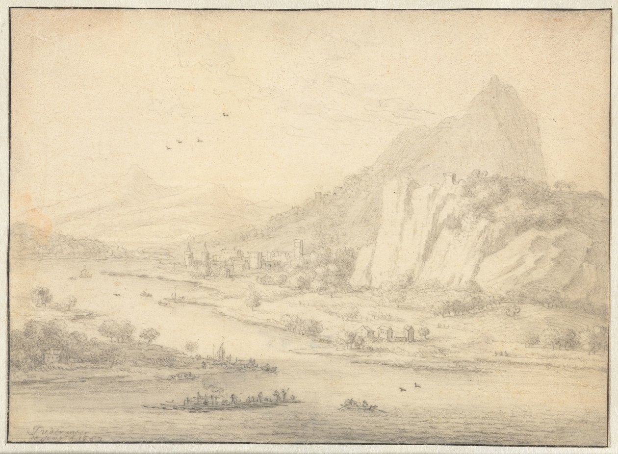 Gebirgige Flusslandschaft mit Booten von Jan van der Meer (II)
