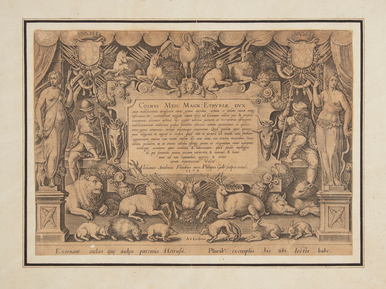 Widmungsseite des Sets "Mediceae familiae rerum feliciter gestarum Victoria et triumphi" von Jan van der Straet, called Stradanus