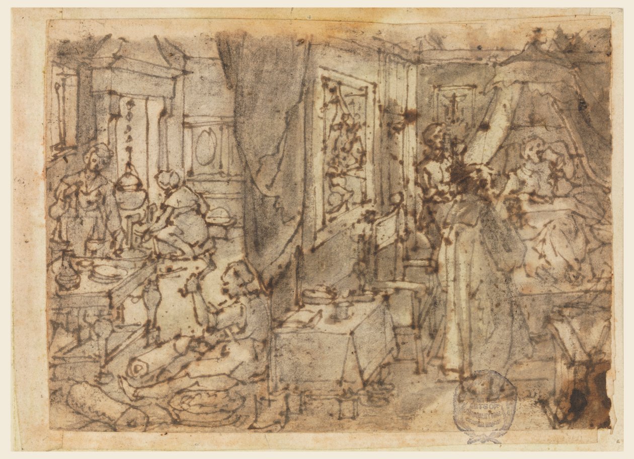 Entdeckung von Guajakum als Heilmittel gegen Geschlechtskrankheiten, Entwurf für "Hyacum et lues venerea," Platte 6 in der Nova Reperta (Neue Erfindungen der Neuzeit) Druckserie von Jan van der Straet, called Stradanus