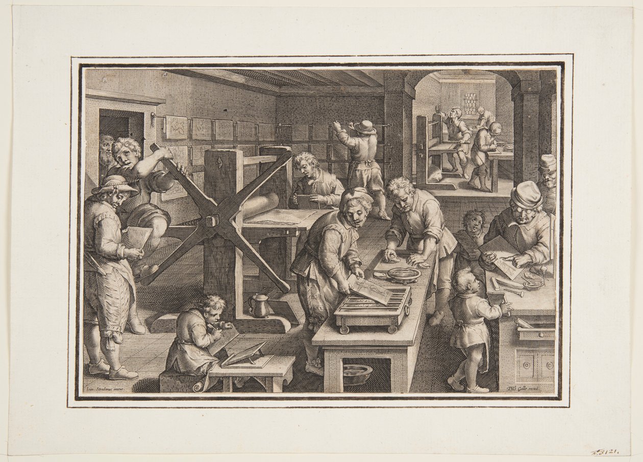 Gravur auf Metall; Graveure auf einem Schiff von Jan van der Straet, called Stradanus