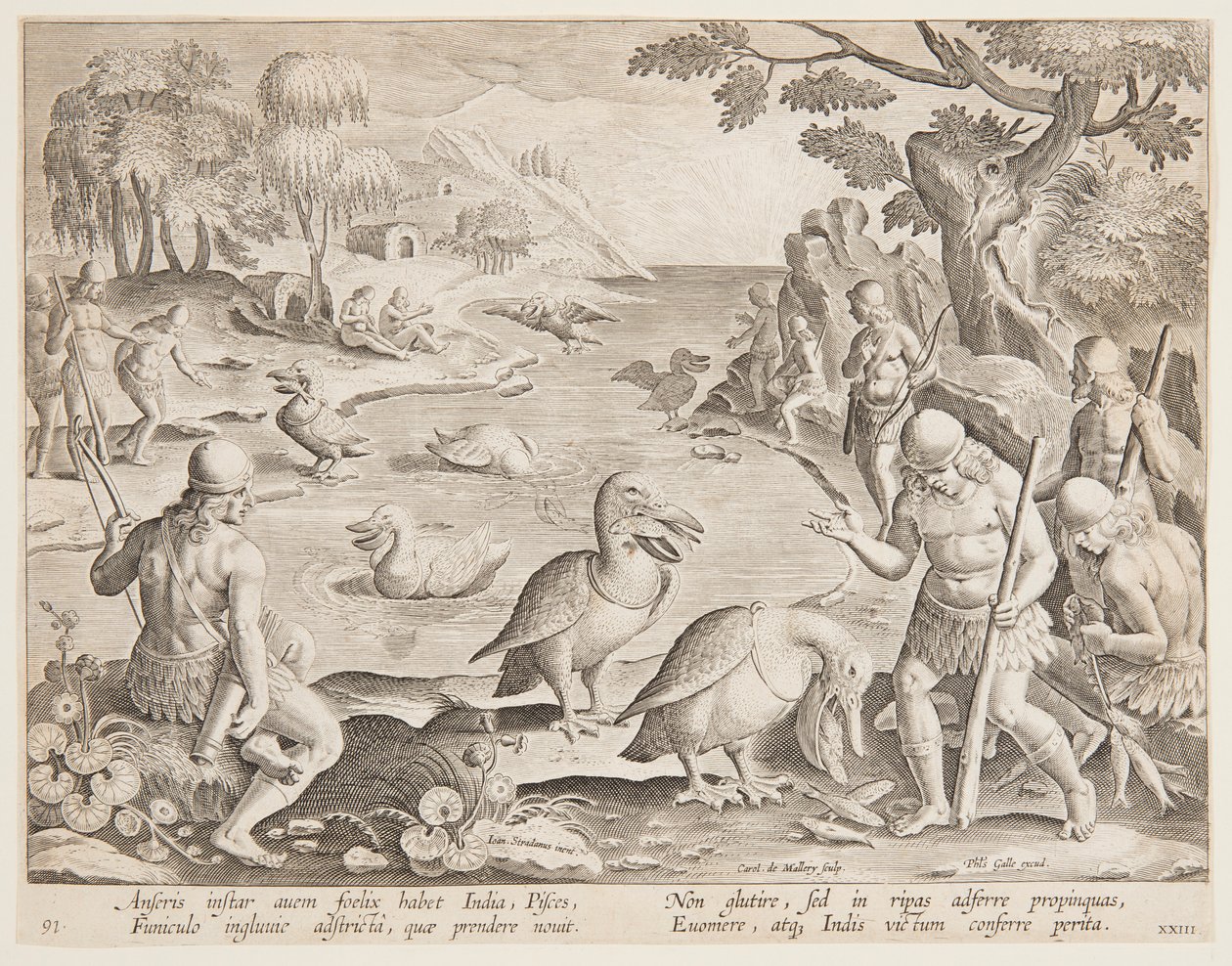 Indianer fangen Fische mit Hilfe von Pelikanen, Platte 23 in der Serie Venationes Ferarum, Avium, Piscium von Jan van der Straet, called Stradanus