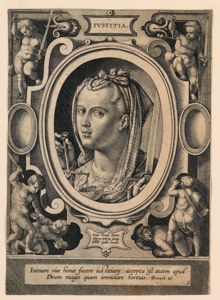 Gerechtigkeit (Iustitia), Platte 5 aus den "Virtutum theologicarum et cardinalium" von Jan van der Straet, called Stradanus
