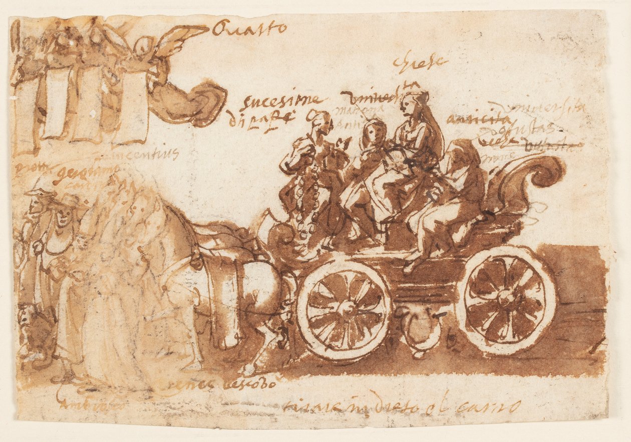 Seite eines Skizzenbuchs; Wagen und drei Pferde von Jan van der Straet, called Stradanus