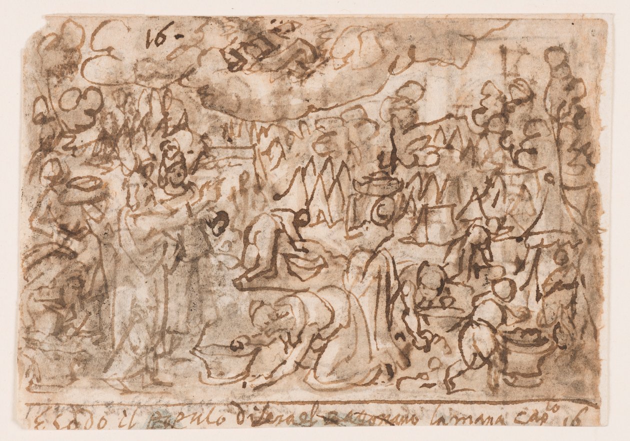 Seite eines Skizzenbuchs; Exodus - Sammlung von Manna; Opfer von Jan van der Straet, called Stradanus
