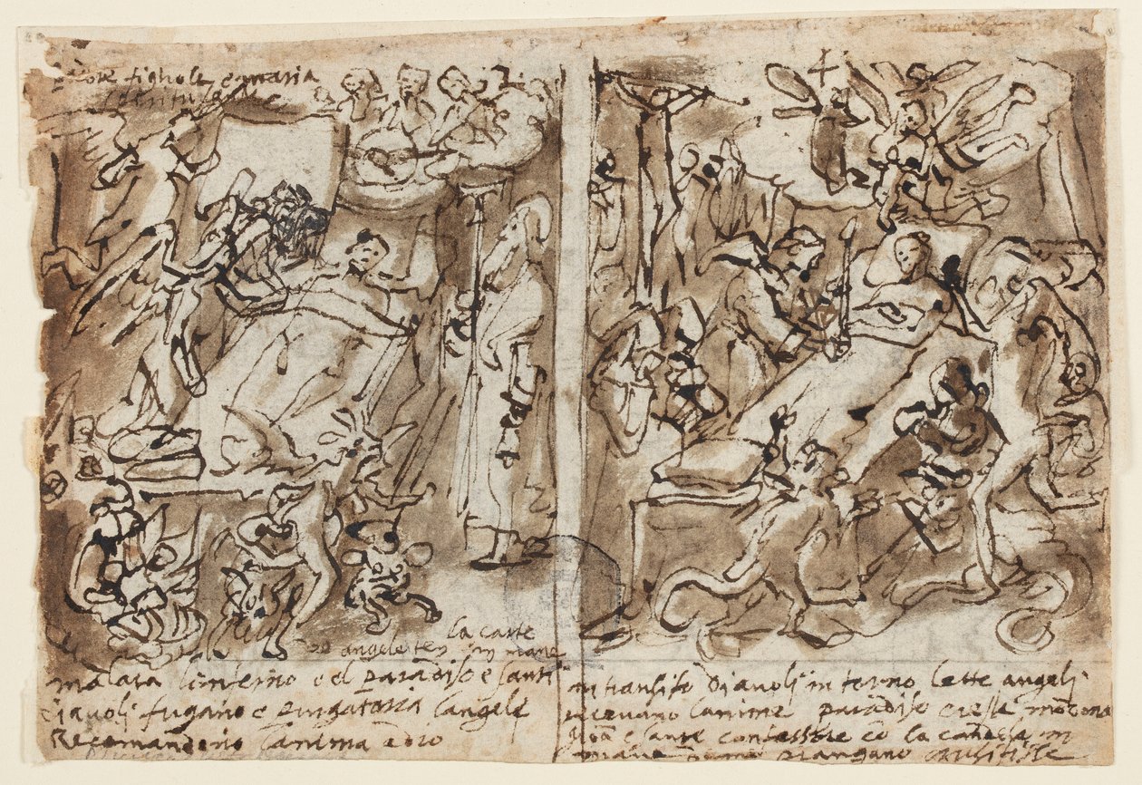 Seite eines Skizzenbuchs; Himmlische Mächte helfen Frommen; Skizze für Porträt eines Heiligen; Dekoration des Giebels von Jan van der Straet, called Stradanus