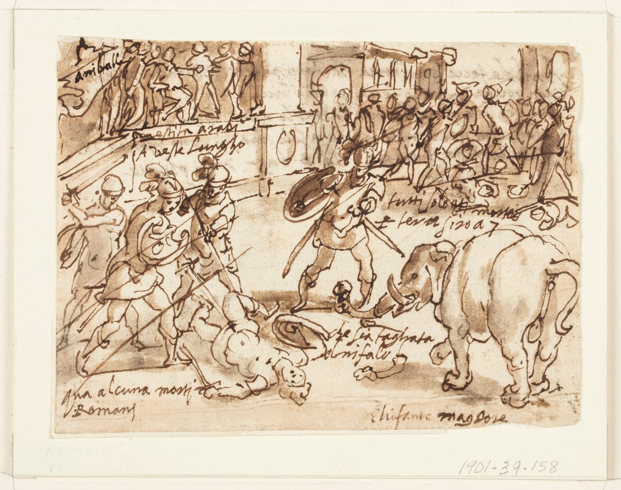 Recto: Ein römischer Soldat kämpft gegen einen von Hannibals Elefanten; Verso: Inschrift zu Plinius des Älteren Naturgeschichte, Buch 8, Kap. 7 von Jan van der Straet, called Stradanus