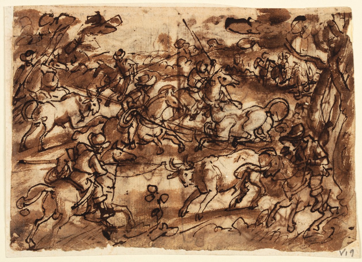 Recto: Stierjagd mit Lassos; Verso, oben: Bärenjagd durch Männer in Rüstung; Verso, unten: Affenjagd durch Täuschung; alle Vorentwürfe für die Venationes-Serie von Jan van der Straet, called Stradanus