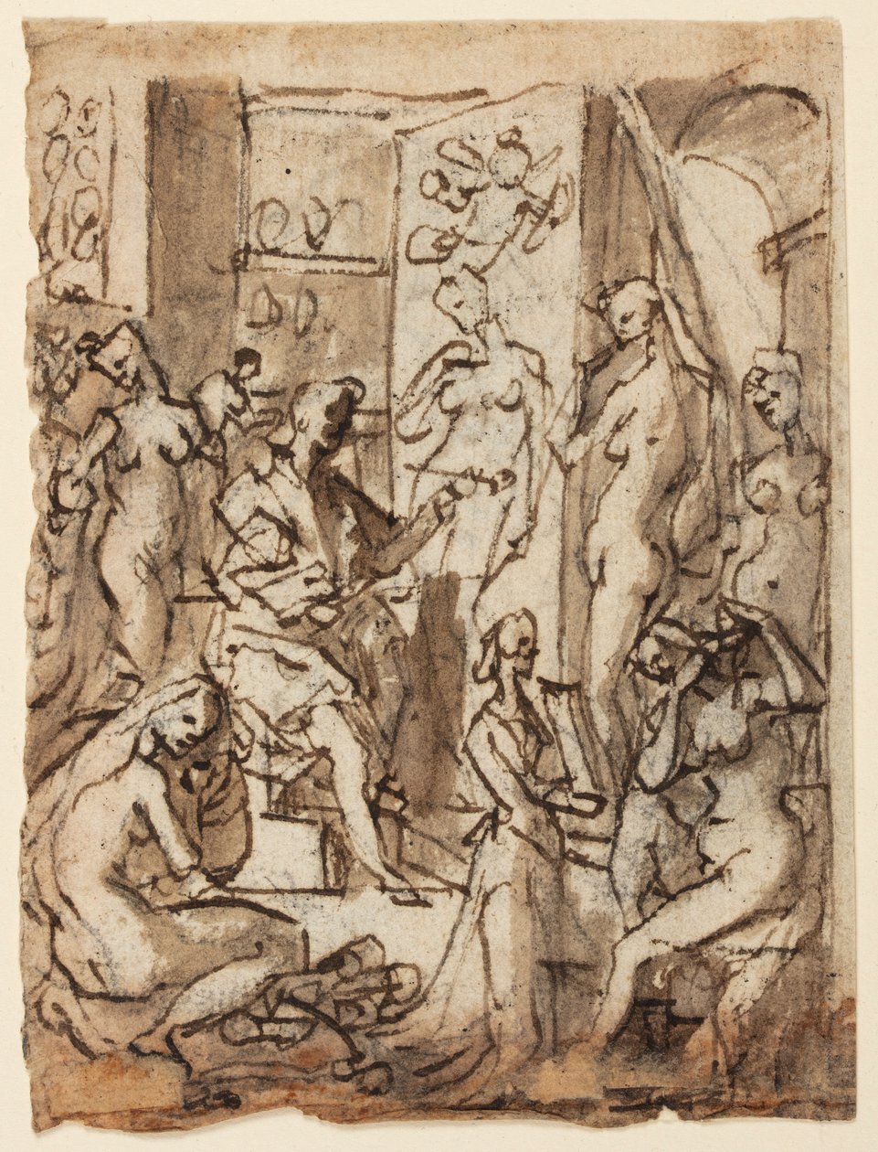Recto: Zeuxis malt Helena; Verso: Studien von Figuren für eine Illustration des achten Kreises, zehnter Bolgia von Dantes Inferno (Fälscher: Maestro Adamo, Sinon von Troja, Potiphars Frau) von Jan van der Straet, called Stradanus