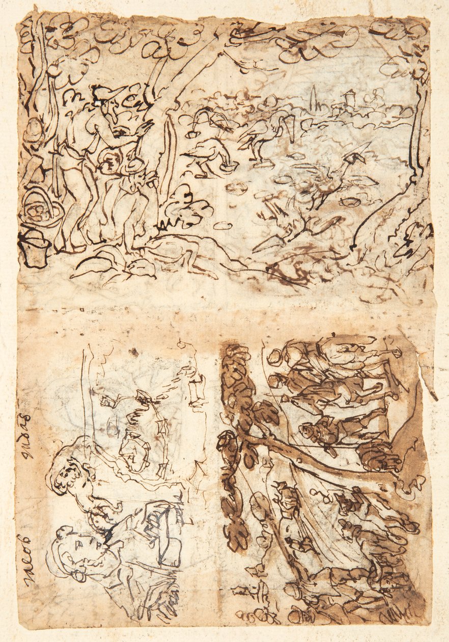 Recto, oben: Kranichjagd mit Kegeln; Unten, links: Jakob, Halbfigur; Löwe mit Augenbinde; Karte einer Festung; Unten rechts: Fuchsjagd. Verso, oben links: Starlingjagd; unten links: Löwenjagd mit Fackeln und Netzen; rechts: Halbfiguren von Jan van der Straet, called Stradanus