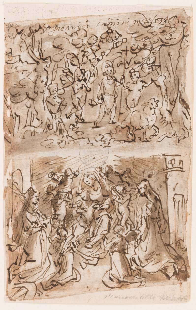 Recto, oben: Junger St. Johannes der Täufer von Engeln in der Wüste geführt; Recto, unten: Sacra Conversazione mit den Hl. Barbara und Katharina; Verso, oben: Kreuzigung; Verso, unten: Christus heilt Gelähmte am Teich Bethesda von Jan van der Straet, called Stradanus