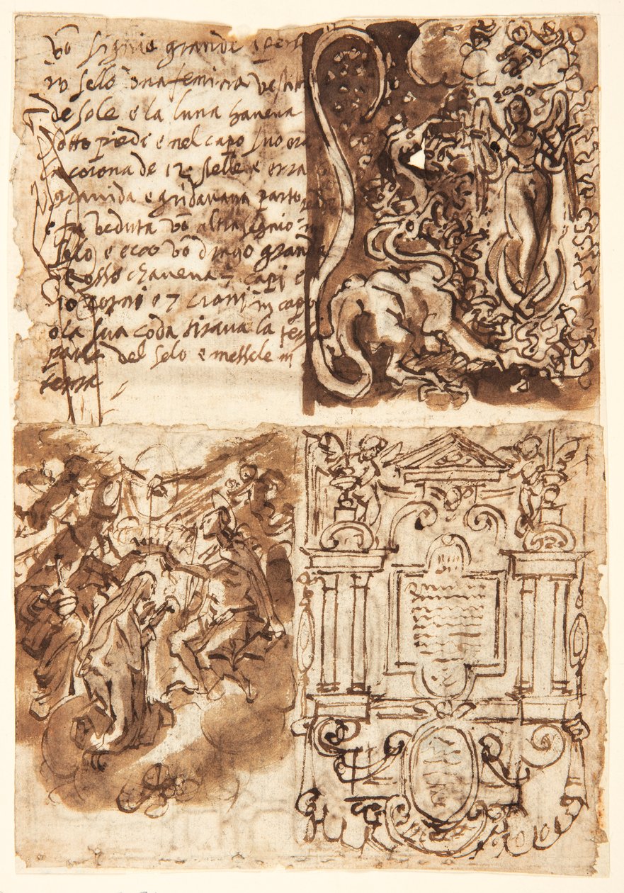 Recto, oben links: Passage über die Frau der Apokalypse, aus dem Buch der Offenbarung; Recto, oben rechts: Frau der Apokalypse; Recto, unten links: Frontispiz zur Druckserie über das Leben der Jungfrau; Recto, unten rechts: Krönung der Jungfrau von Jan van der Straet, called Stradanus
