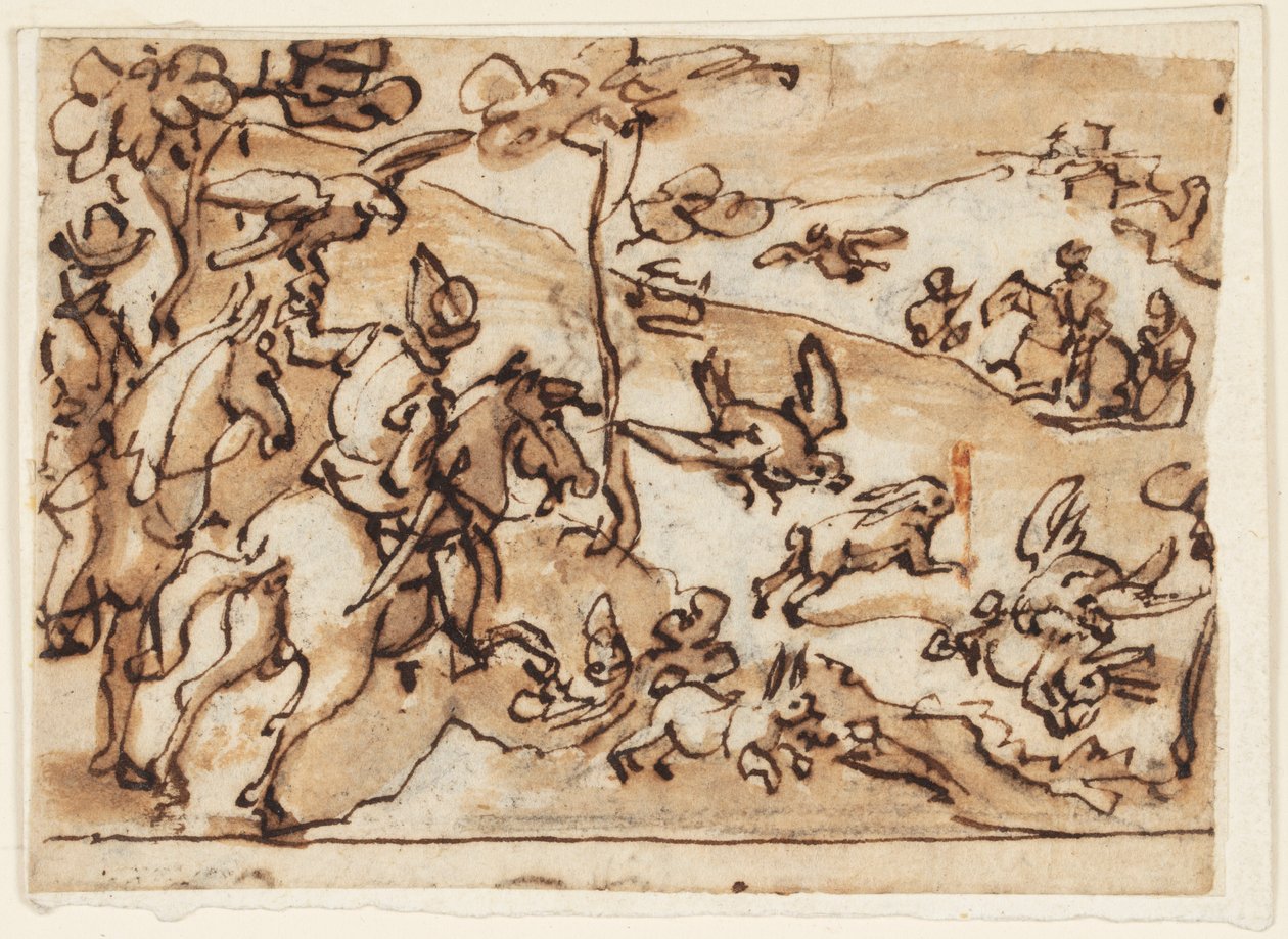 Skizzenbuchseite mit Hasenjagd und Falken von Jan van der Straet, called Stradanus