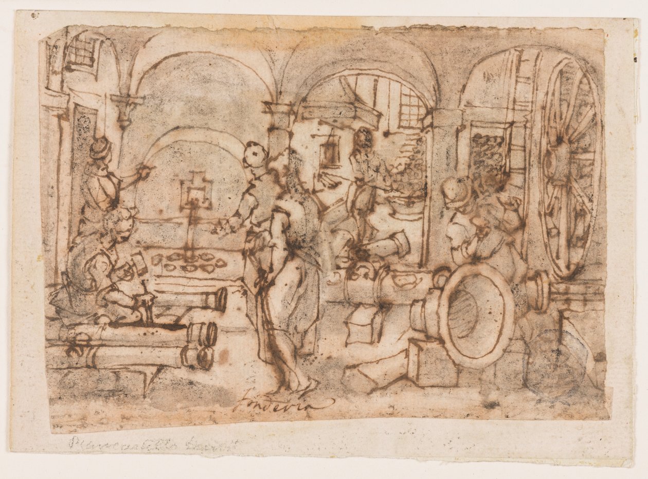 Die Erfindung des Schießpulvers, Entwurf für "Pulvis Pyrius," pl. 3 in der Nova Reperta (Neue Erfindungen der Neuzeit) Druckserie von Jan van der Straet, called Stradanus
