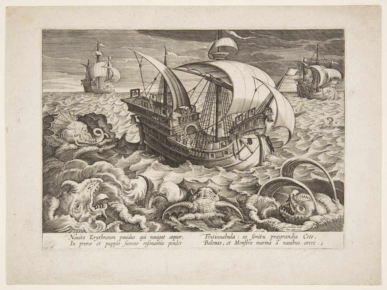 Drei Schiffe umgeben von Monstern von Jan van der Straet, called Stradanus