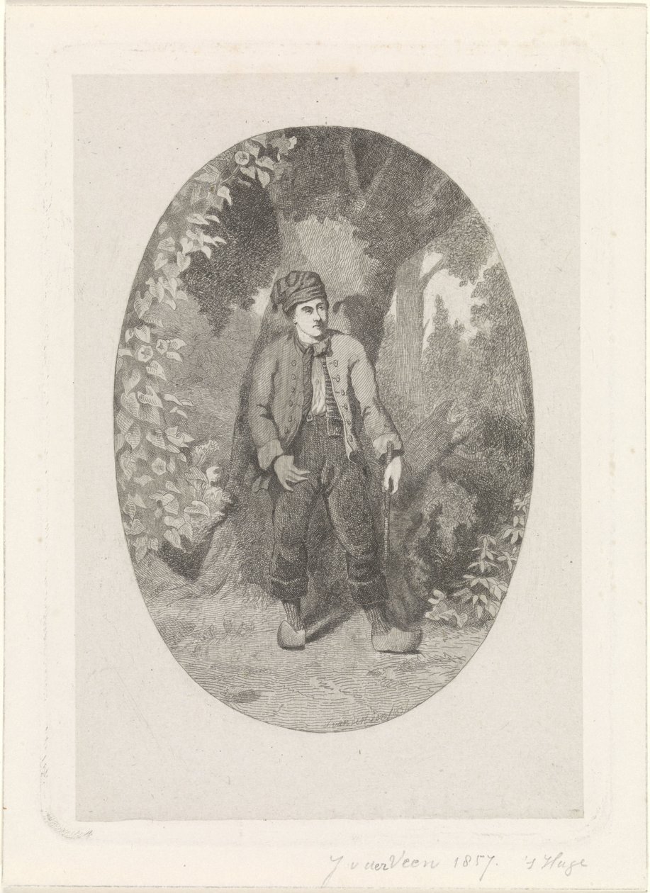 Mann bei einem Baum im Wald von Jan van der Veen (prentmaker)