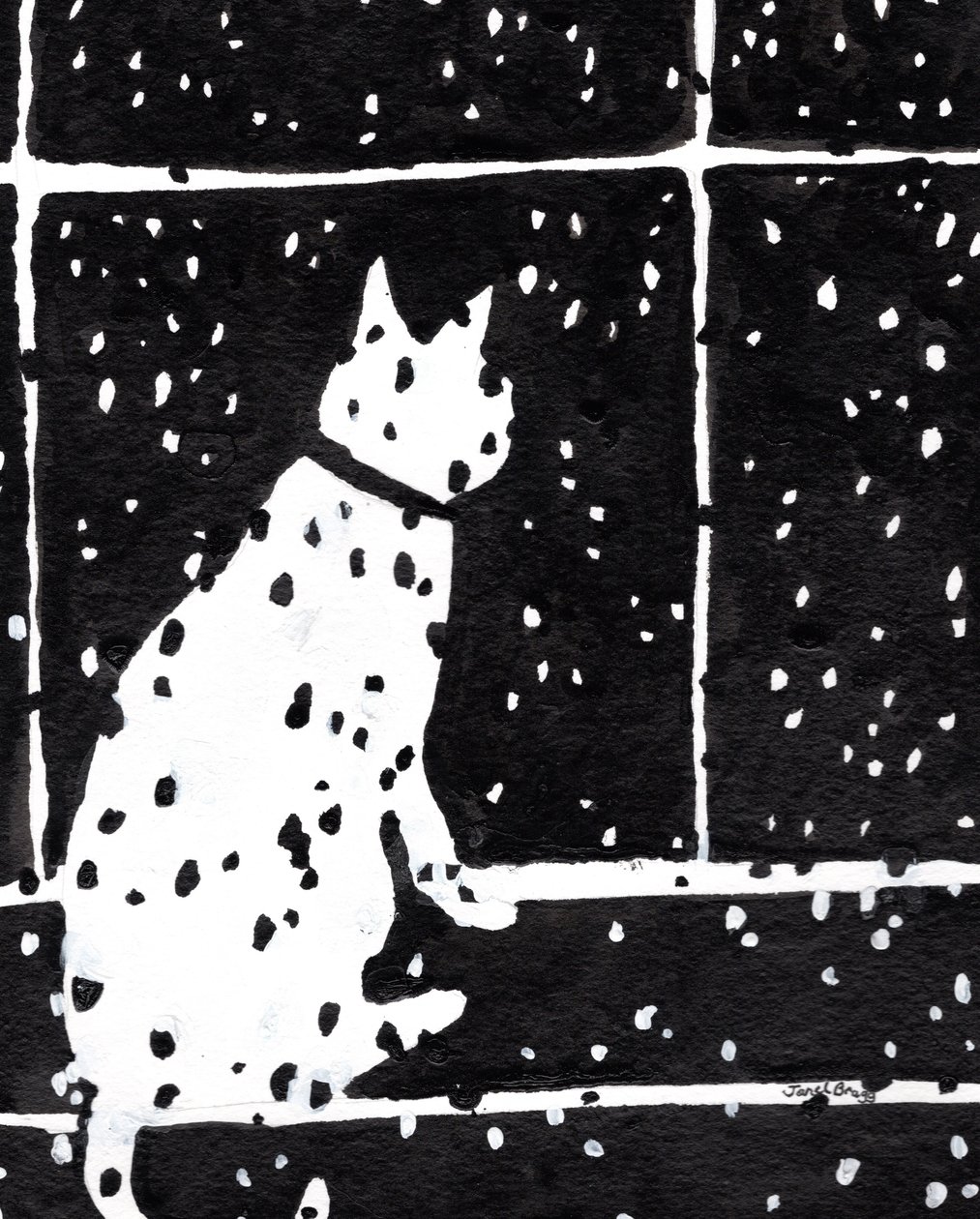 Katze im Fenster während eines Schneesturms, um 2019 von Janel Bragg