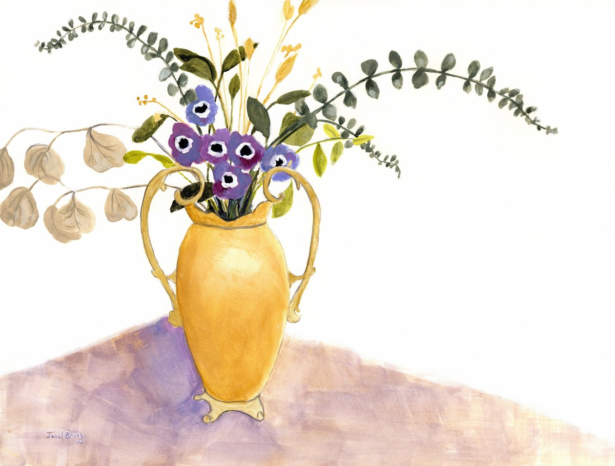 Stillleben mit violetten Blumen und englischer Vase von Janel Bragg