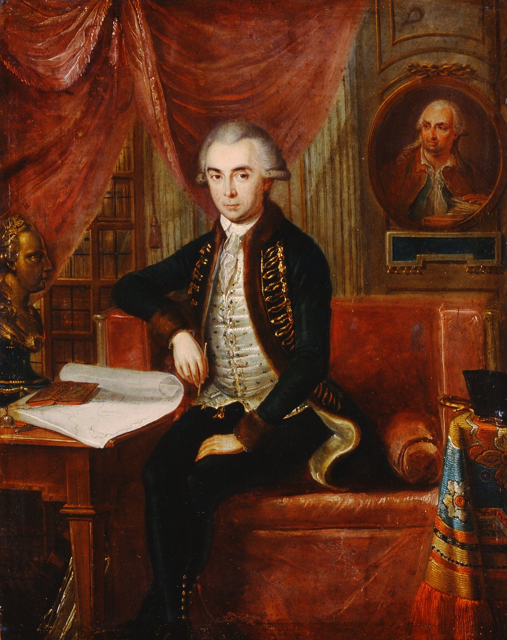 Porträt von Samuel Teleki mit einem ovalen Porträt von Samuel Bruchental im Hintergrund von Janos Marton Stock